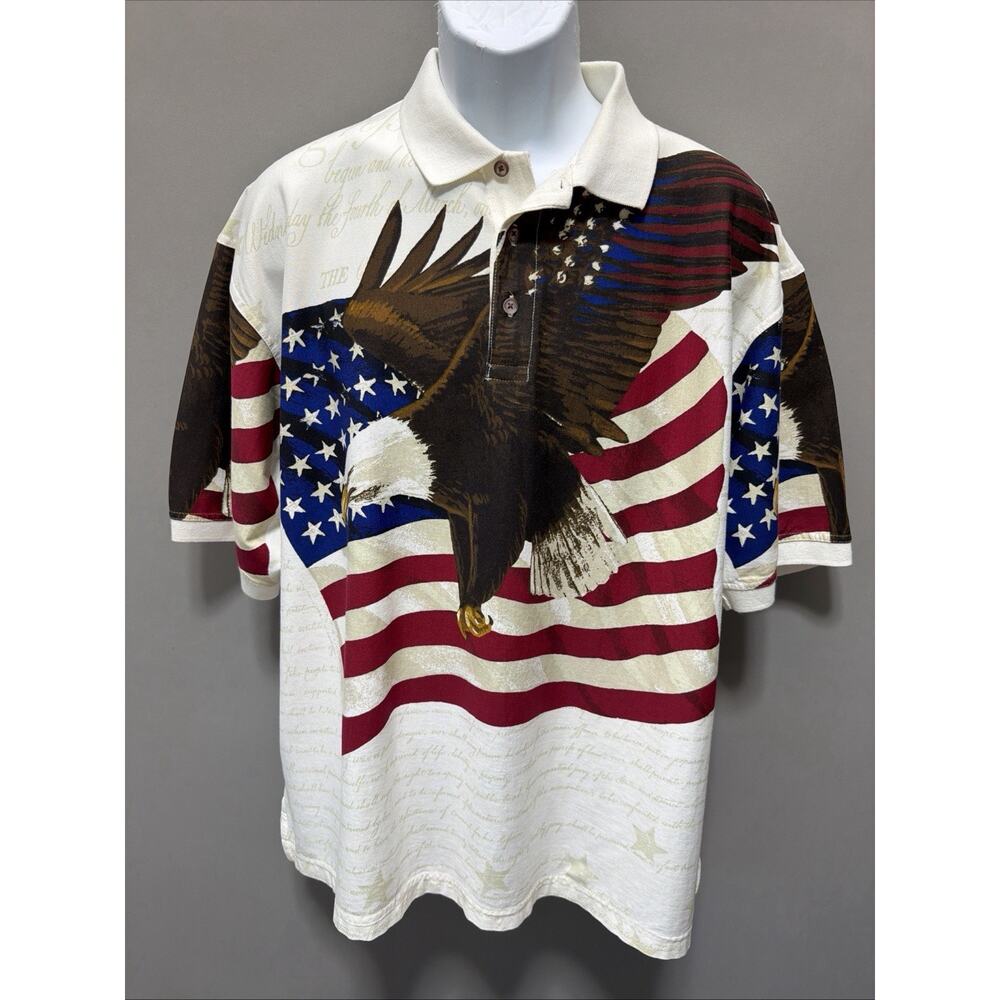Cotton Traders Sport Polo Shirt Men XL White Red Blue Flag USA Patriotic Eagle